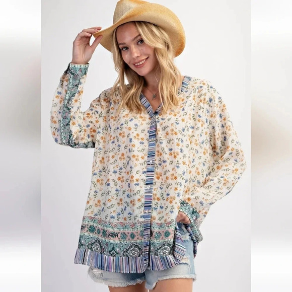 New! Easel Floral Mixed Print Button Down Long Sleeve Top - Picture 1 of 5